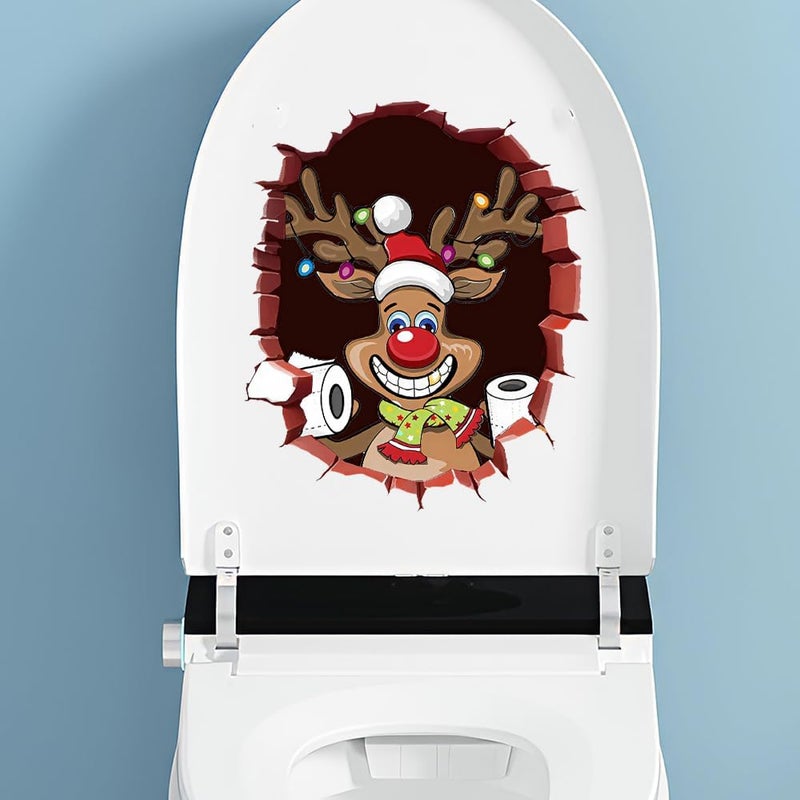 Iprokiu Christmas Toilet Sticker Santa Claus Reindeer Elf Toilet Seat Cover Decal Waterproof Christmas Crack Toilet Seat Lid Decal Snowman Elk Washroom Decoration (Smiling Reindeer) - Image 5